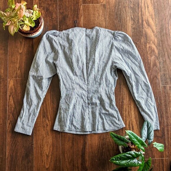 $5 Item! Zara NWOT XS Striped Floral Puffed Sleeve Ruched Front Back Zip Blouse - Picture 6 of 7